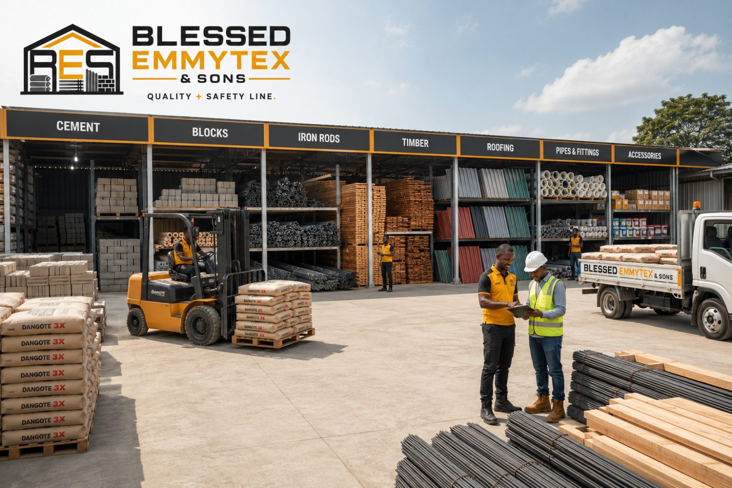 Blessed Emmytex materials yard with labelled bays
